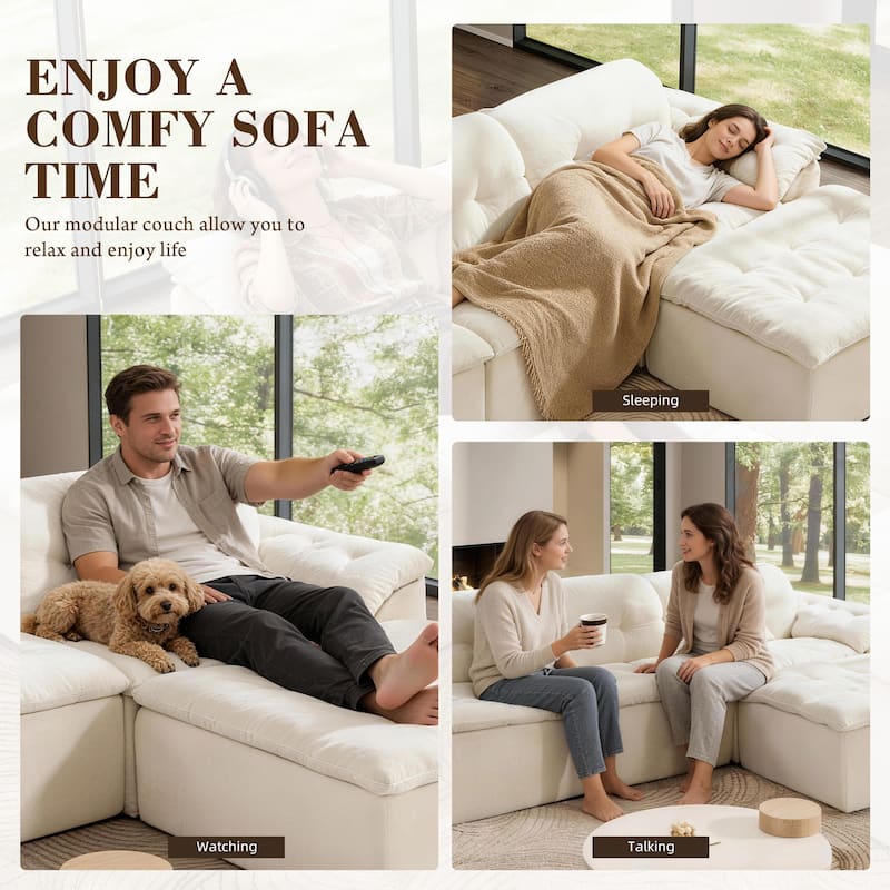 Rossetta L-Shaped Modular Chenille Cushioned Extreme Comfort Sofa with Detachable Backrest and Armrests, 1 Removable Ottoman