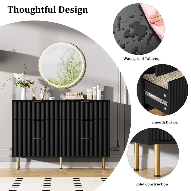 Fluted 6 Drawer Dresser for Bedroom, Large Chest with Gold Handle, Modern Wood Organizer for Living Room or Hallway