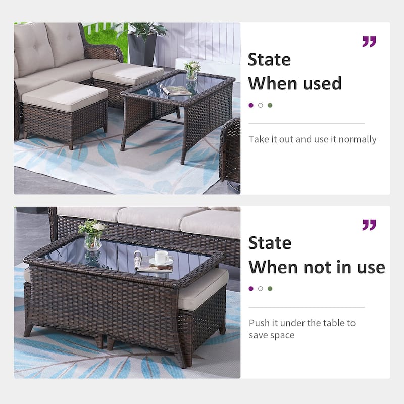 TWrap 5-Piece Patio Brown Wicker Sofa Conversation Set with 5-Inch Thick Cushions