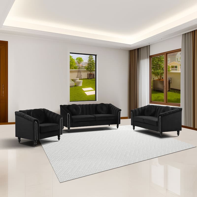 Premium Waterproof Flannel 3-Piece Living Room Sofa Set – Chair, Loveseat & Sofa - Black