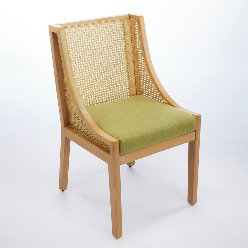 Rattan Dining Chairs, Solid Wood Frame with Decorative Armrests, Upholstered Seat, Rustic Wooden Style Side Chairs,Single Pack