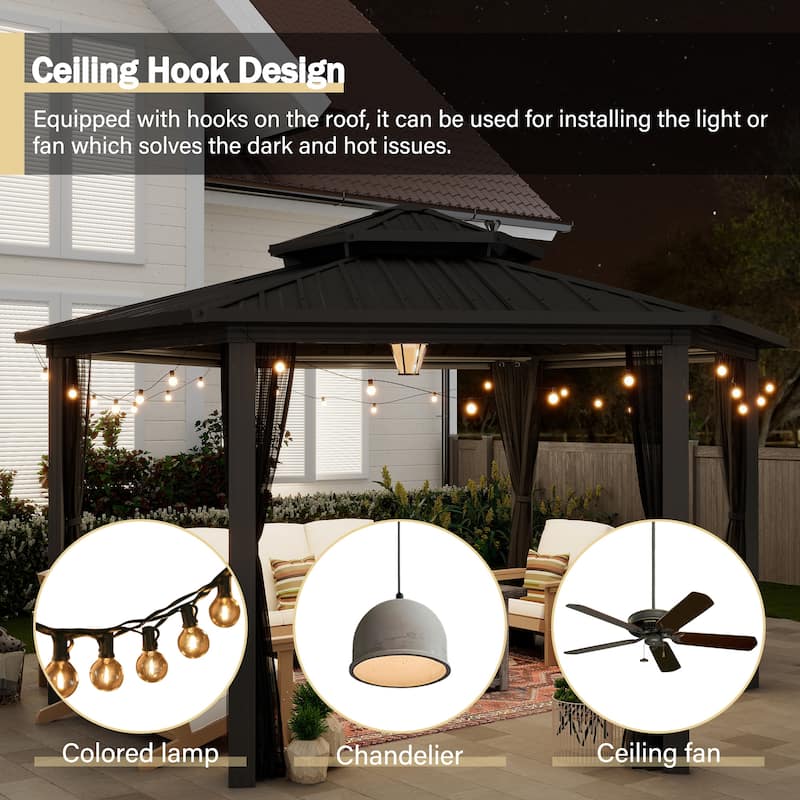 12'×15' Outdoor Aluminum Frame Gazebo Pergola with Mesh Curtains