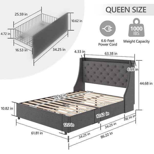 Platform Bed Frame with Upholstered Headboard,USB Port and 4 Drawers