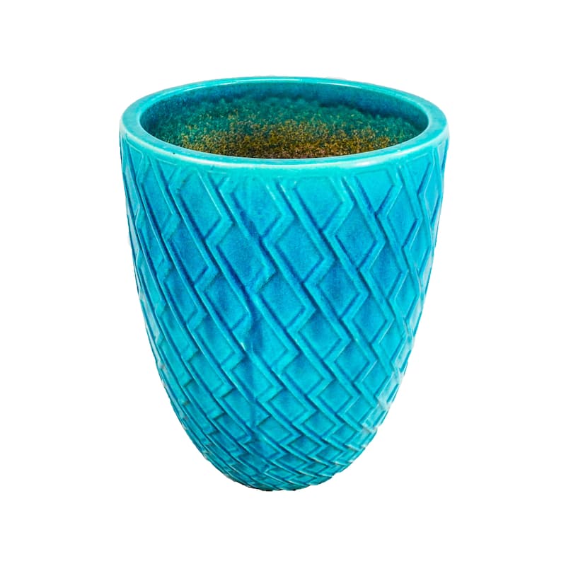 Customizable Cyan Ceramic Planter 16.5in Striped Design Weatherproof Indoor Outdoor Garden Pot