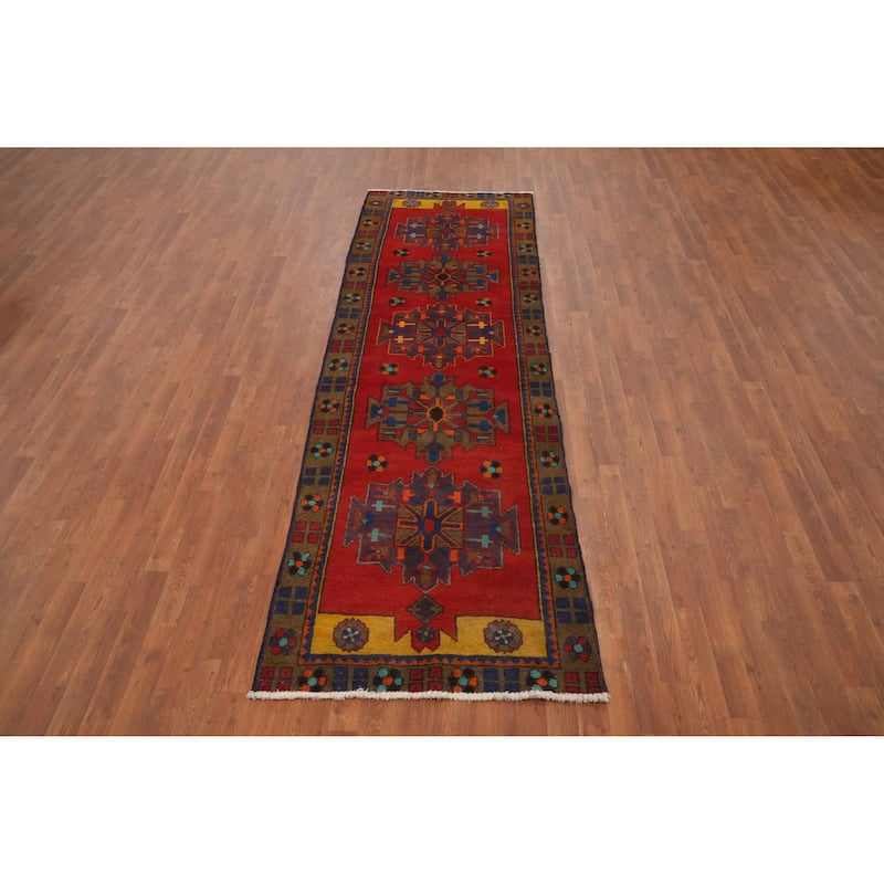 Hand Knotted Oriental 100% Wool Carpet Traditional Geometric Oranges & Rust Heriz Runner Rug - 10' 4'' X 3' 3''