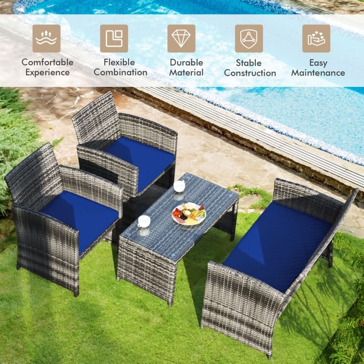4 Pieces Patio Rattan Furniture Set with Glass Table and Loveseat - 43.5" x 25"x 31" (L x W x H)