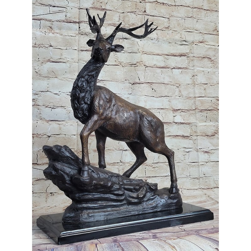 Elk Reindeer Caribou Stag Buck Wildlife Bronze Statue Sculpture On Marble Base