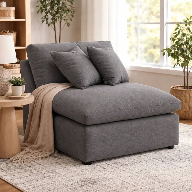 Hobo Modular Armless Chair, Charcoal Gray Fabric, 2 Pillows, 38 Inch