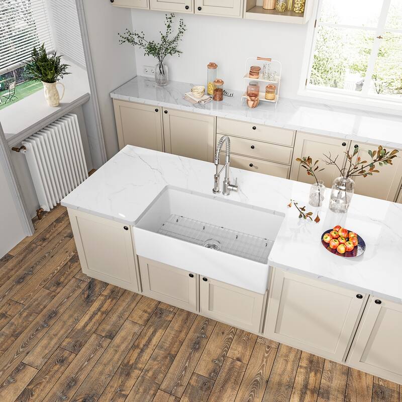 Sinber Farmhouse Apron Single Bowl Kitchen Sink with Fireclay White Finish