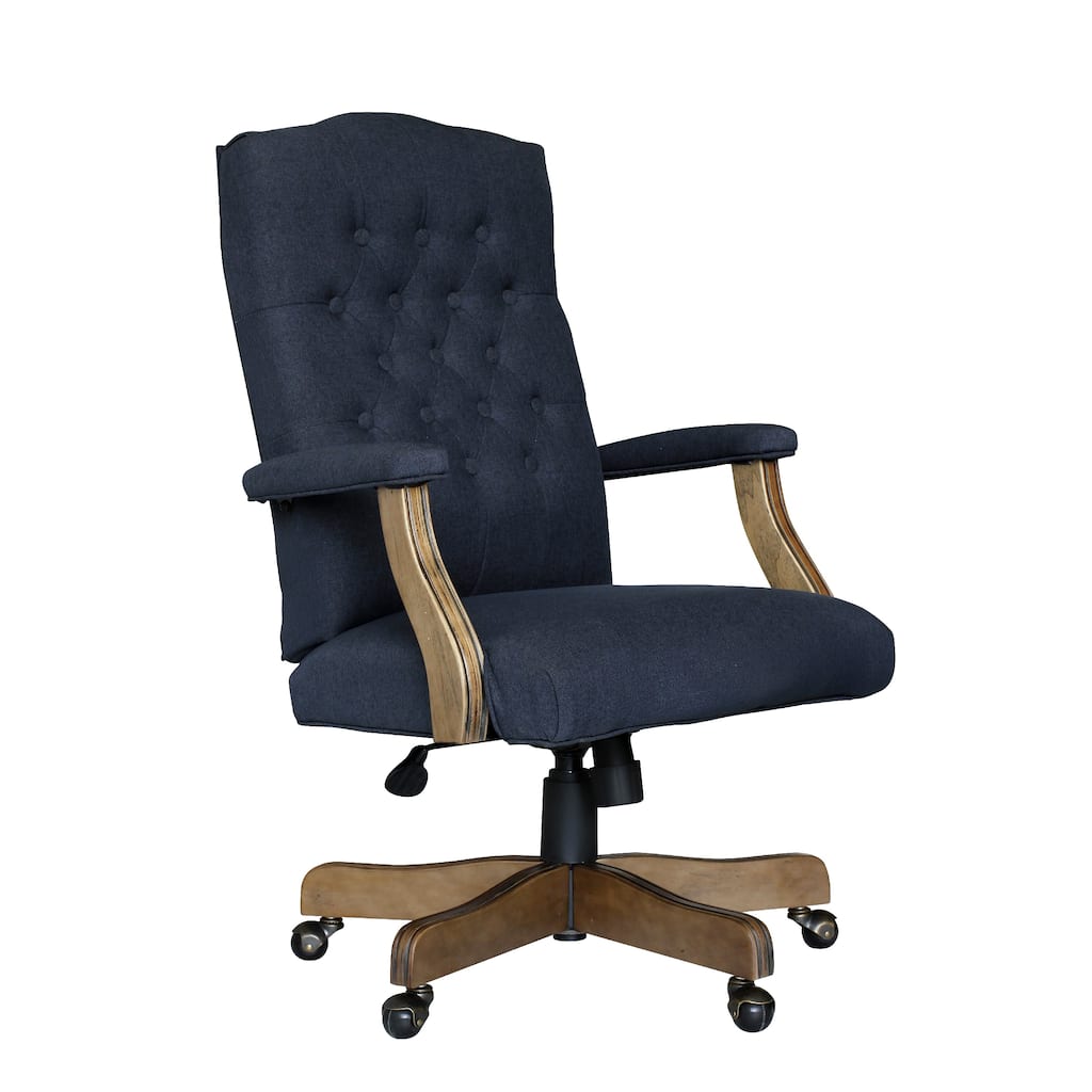Jake Executive Armchair with Driftwood Finish, Navy Blue Tufted Linen