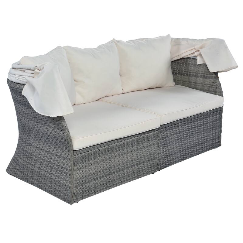 6-Pieces Outdoor Patio Rattan Round Daybed Sunbed Set with Retractable Canopy and Lift Table