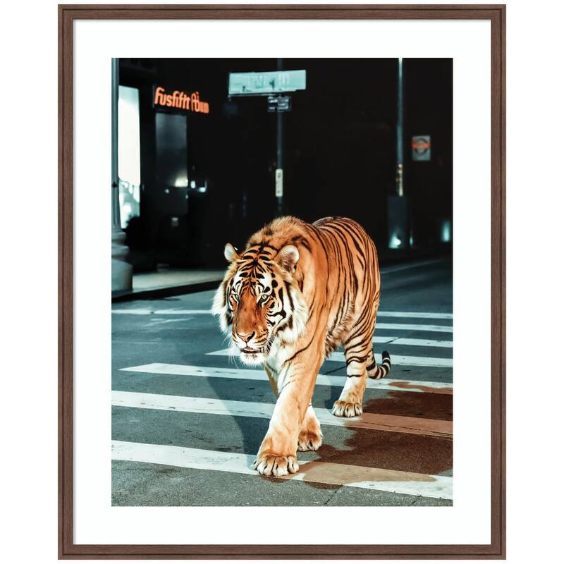 Kate and Laurel Framed Art Tiger in the City at Night 2 by Michael Schauer - 34x42 - Brown
