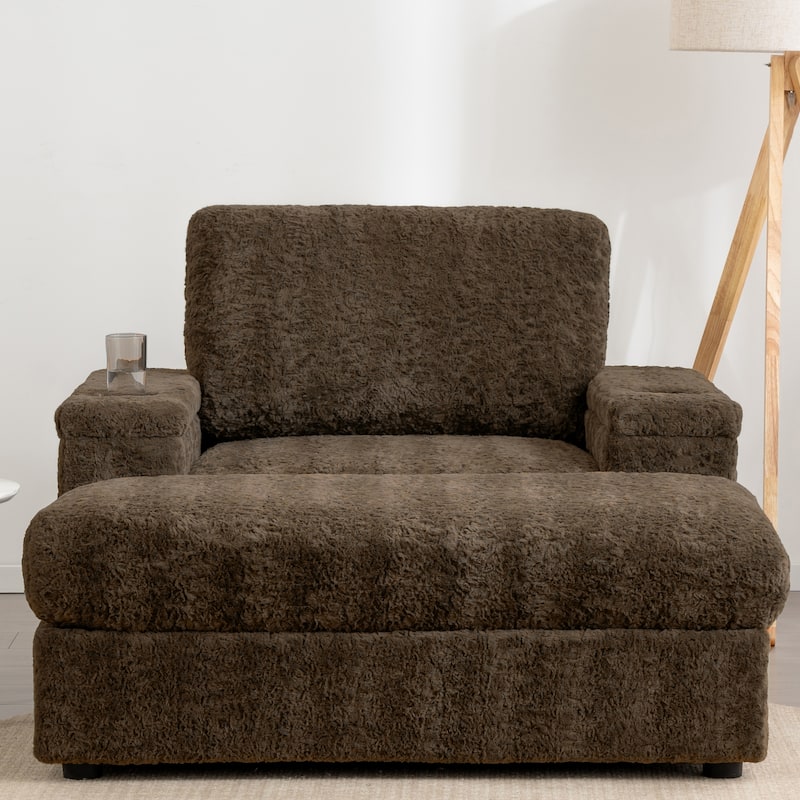 Roomfitters Oversized Chaise Lounge Sofa Bed with Ottoman, Faux Fur Sleeper Chair with Cup Holders
