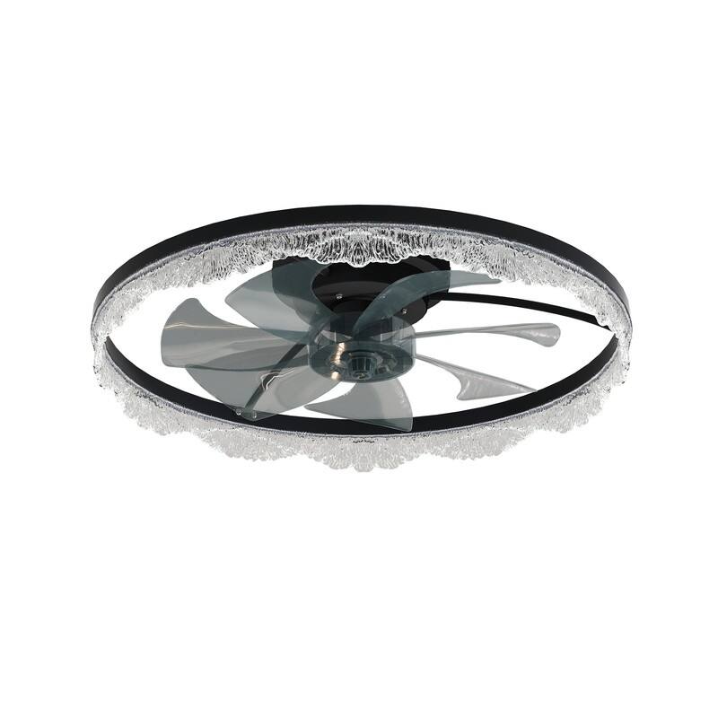Crystal Flush Mount Ceiling Fan With Light And Remote, Black Ceiling Fan For Bedroom, Living Room - 16-Inch