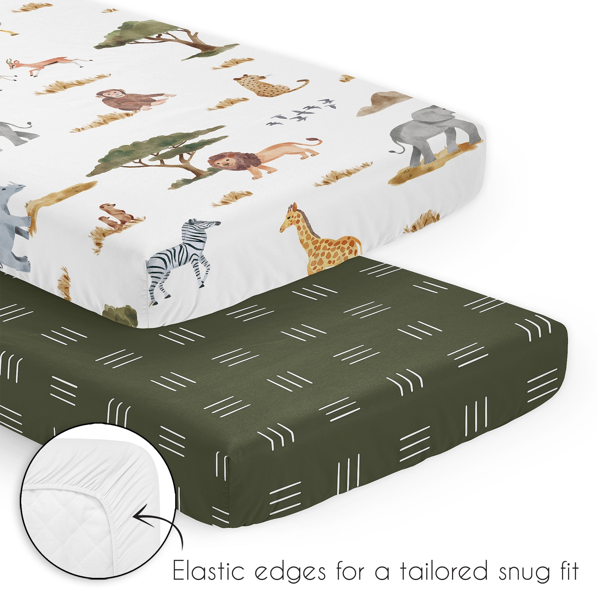 Sweet Jojo Designs Jungle Animals Boy Girl Gender Neutral Unisex 3p Mini Crib Bedding Set Dark Hunter Green Safari Elephant Lion Multicolor