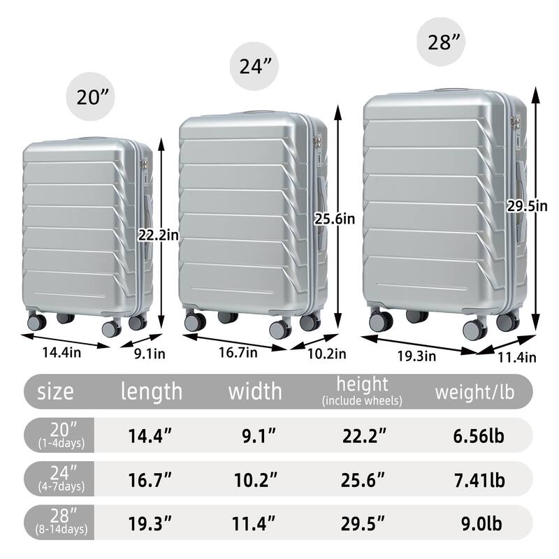 20"/24"/28" 3 pcs/set in ABS Spinner Wheel Luggage, Matching Color , With Combination Lock (Silver)