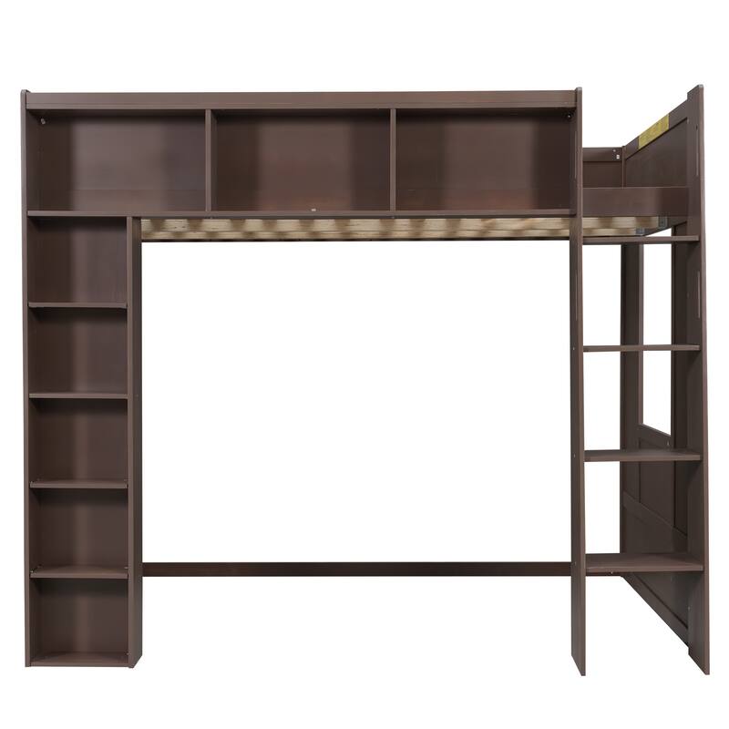 Queen Size Wooden Loft Bed with Storage Cabinets and Shelves, Multifunctional Country Style Design