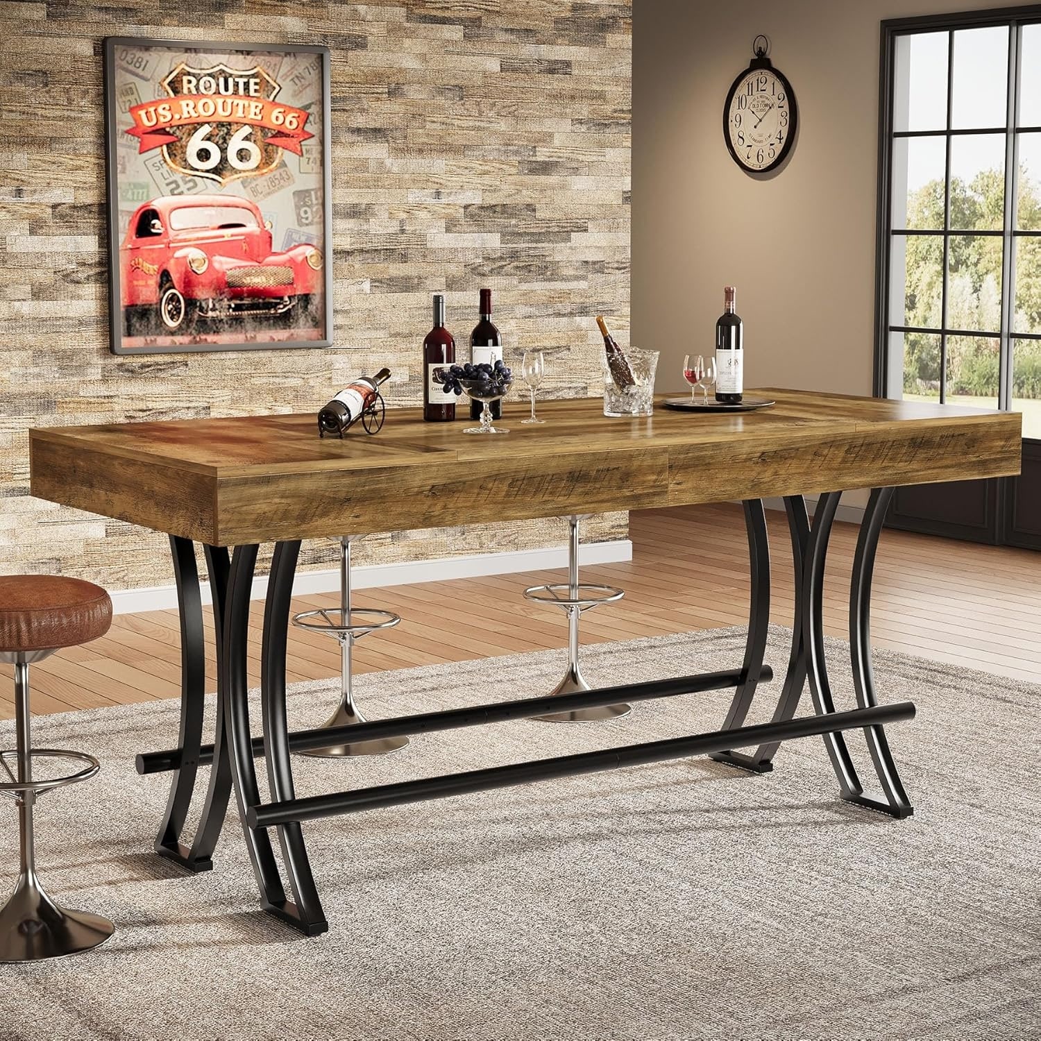 63-Inch Tall Bar Table with Metal Footrest for Entertaining, Freestanding