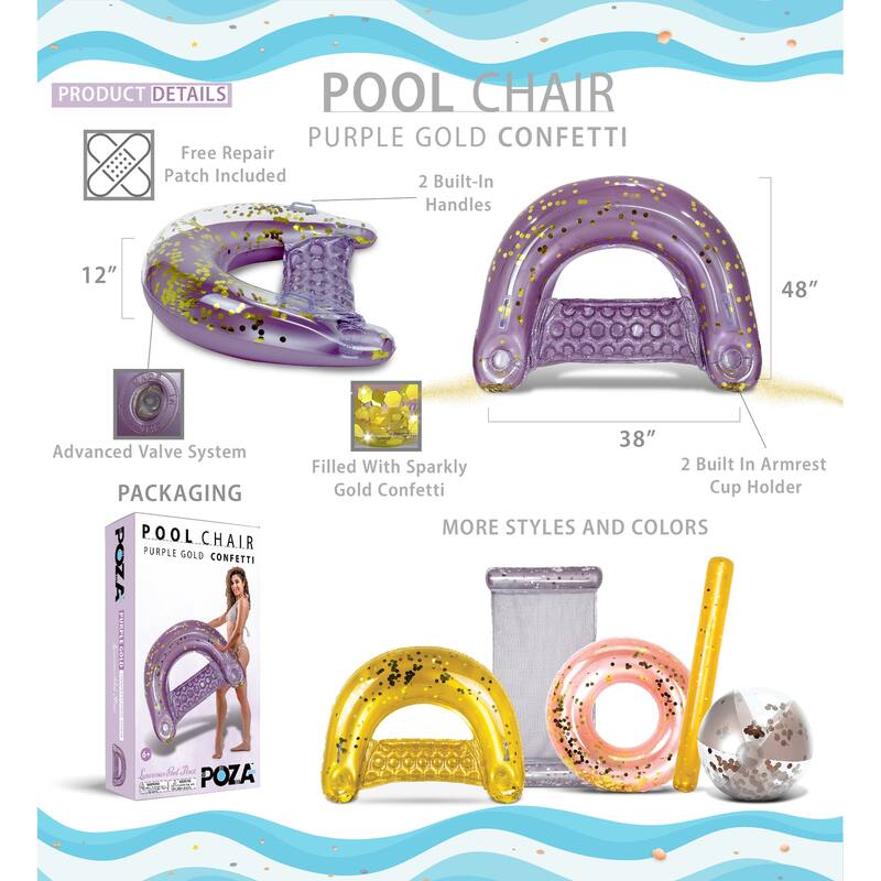 POZA Inflatable Purple Gold Pool Float Chair w/ 2 Built-in Cup Holders - 48×38 Inches