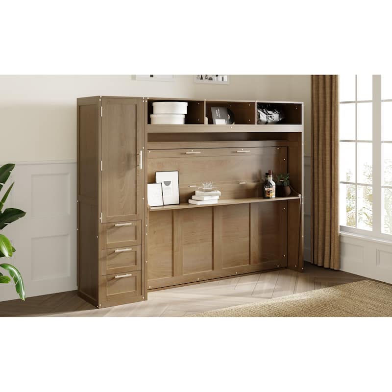 Antique Wood Full Size Murphy Bed with Wardrobe, Drawers, and Shelves