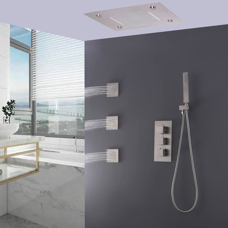Ceiling LED 4-Way 3-Jet Complete Rain and Waterfall Shower System With Rough-in Valve