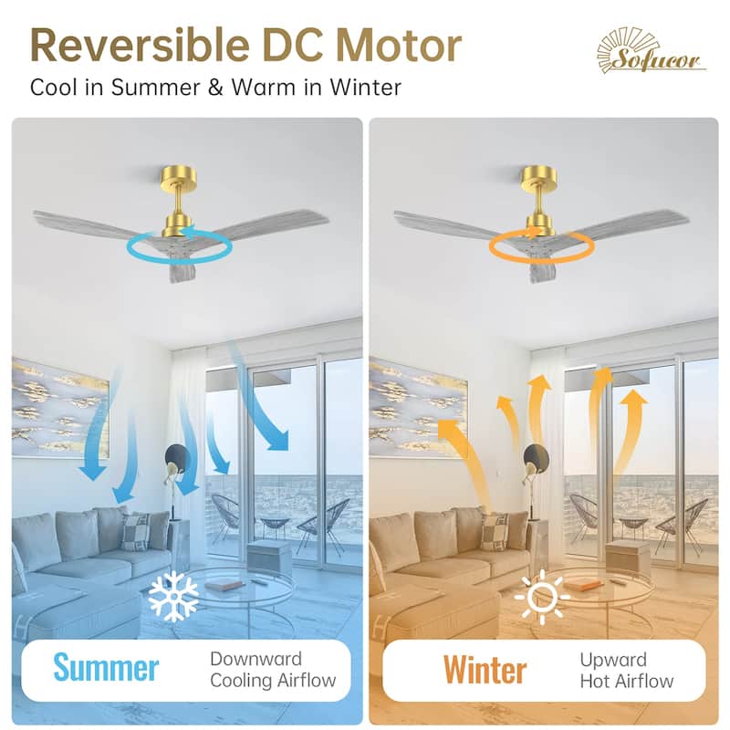 Sofucor 48/52 Inch Ceiling Fan with Light, Solid Wood Blades for Living Room, Bedroom,Smart Optional