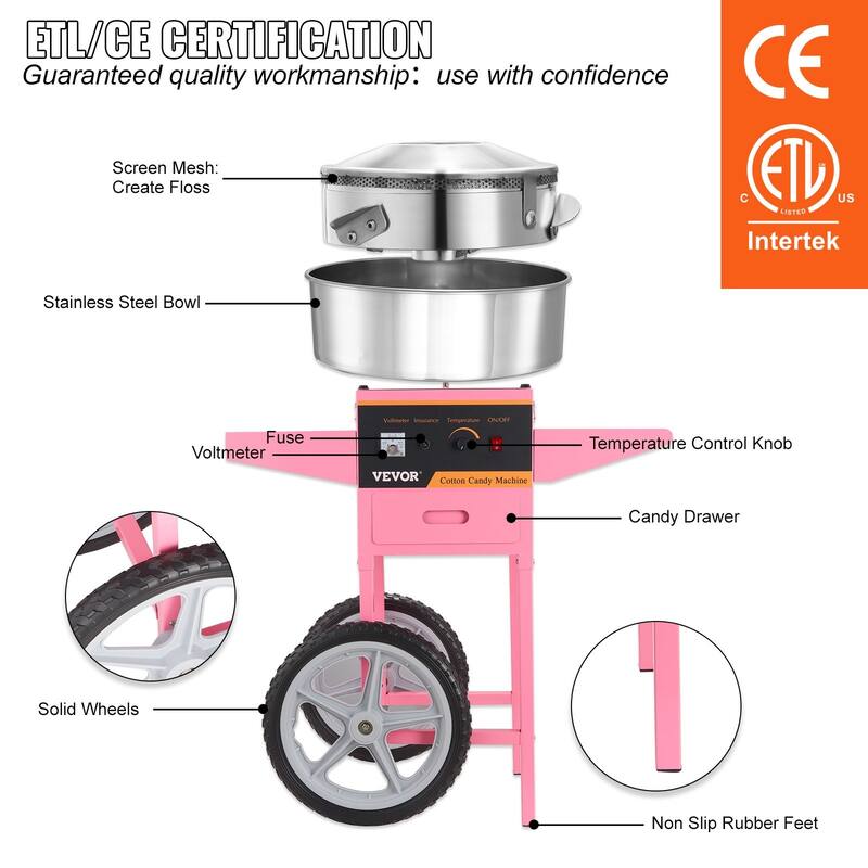 Electric Cotton Candy Machine with Cart, 1000W Commercial Floss Maker with Stainless Steel Bowl