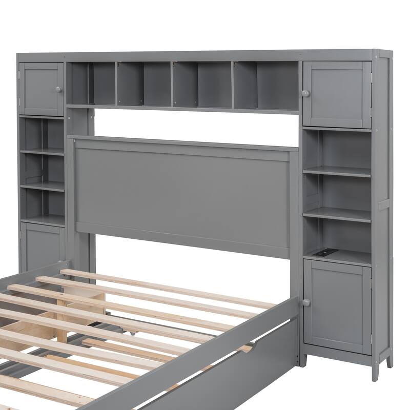 Full Size Wooden Bed with Built-in Cabinet, Shelf, and Outlets, Twin Trundle, Gray