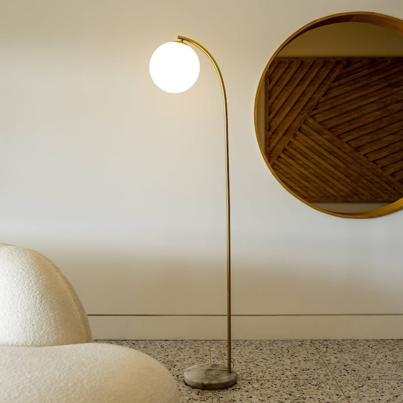 Brightech Luna Drop 75 in. Antique Brass Modern LED Super Bright Floor Lamp with Frosted White Glass Globe Shade