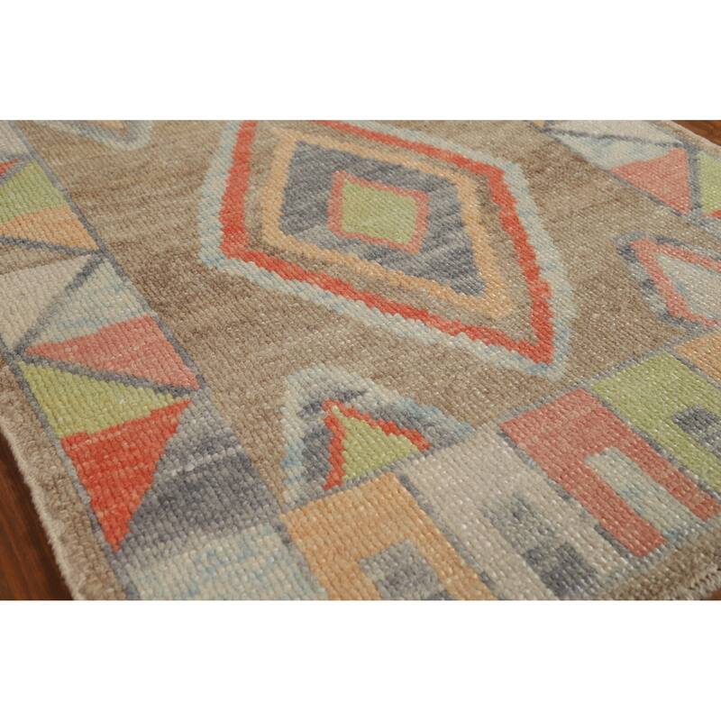 Hand Knotted Oriental 100% Wool Carpet Transitional Geometric Brown Oushak Runner Rug - 8' 8'' X 3' 0''