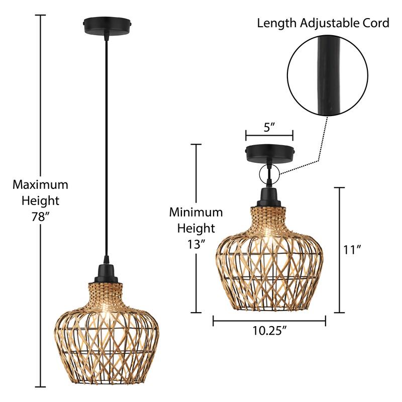 Caspian River of Goods Tan Rattan and Metal Adjustable Drop Height 10.25-Inch Hanging Pendant Light