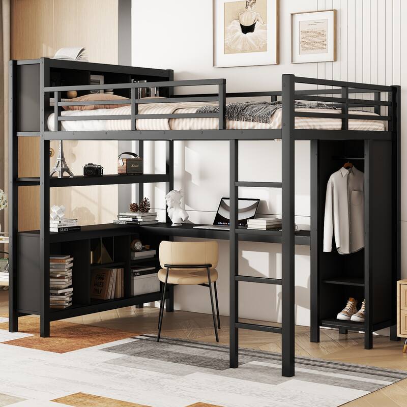 Roomfitters Full Metal Loft Bed with L-Shaped Desk, Wardrobe, Storage Cubes & Shelves, Heavy Duty Frame - Black - Twin