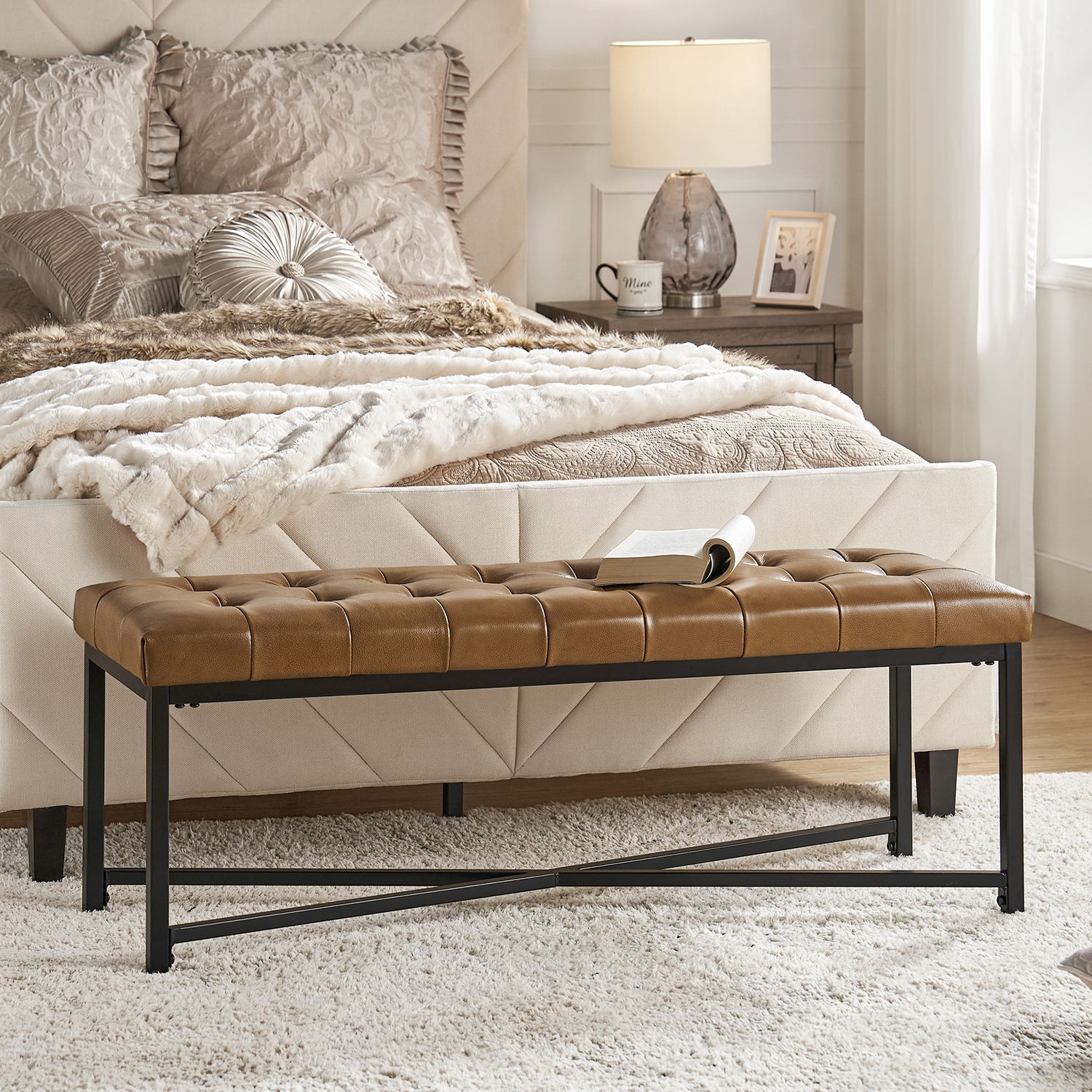 Brown leather end store of bed bench