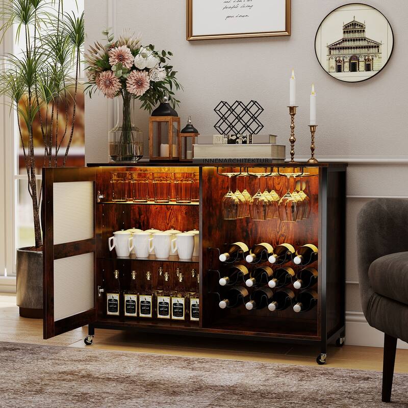 Rustic Brown Mobile Wine Cabinet with LED Lighting, Remote Control Glass Door and Sturdy Metal Frame - 42.5" × 16" × 32"