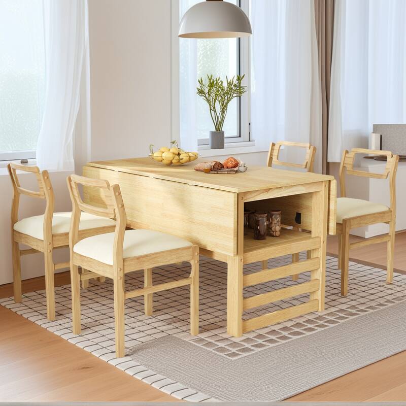 Extendable Dining Table Set for 4 w/Storage Shelf Dining Table - Natural