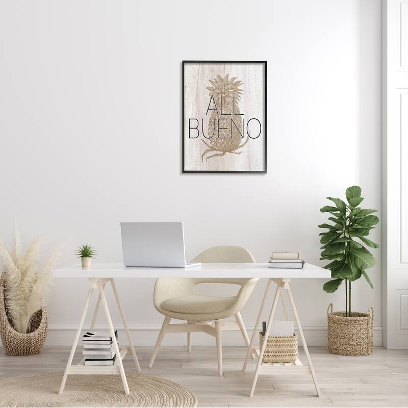 Stupell All Bueno Phrase Vintage Pineapple Illustration Rustic Pattern Framed Wall Art - White