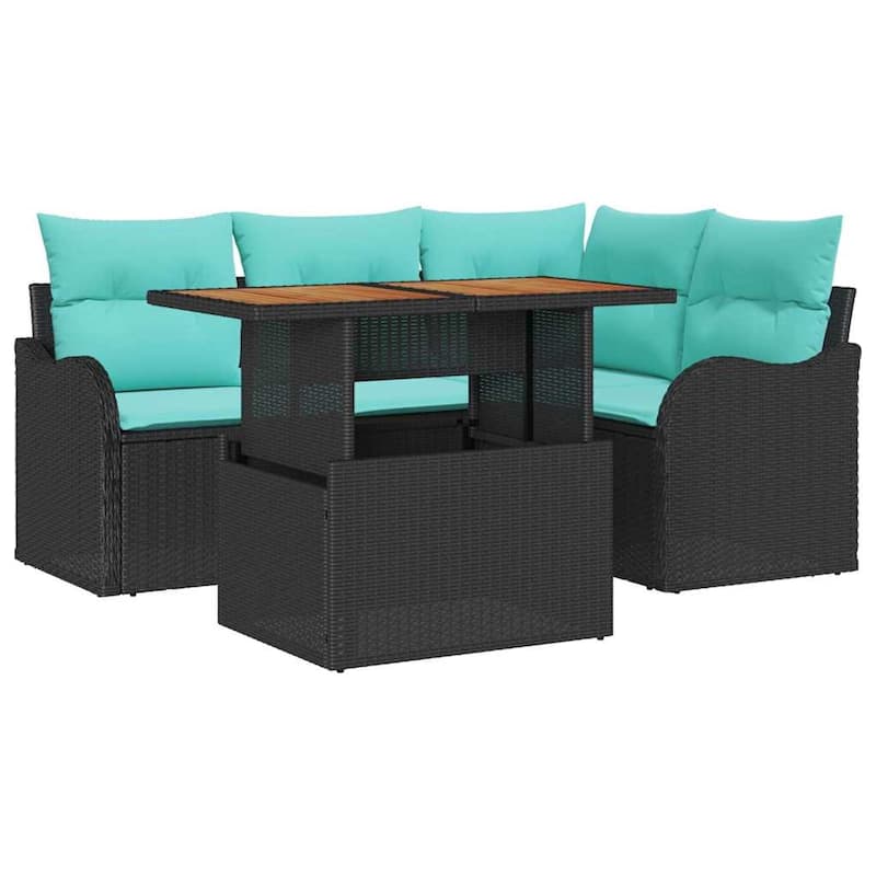 vidaXL 5 Piece Garden Sofa Set with Cushions Black Poly Rattan - 70×48.2×27.2