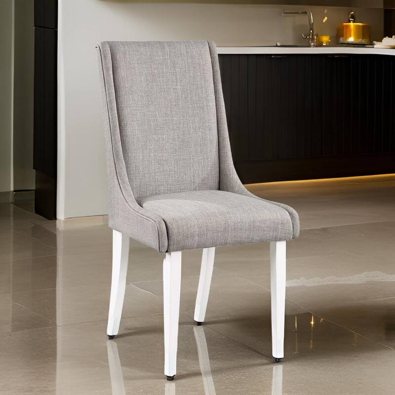 Joyce 25 Inch Side Dining Chair Set of 2, Wingback, Gray Linen, White Wood