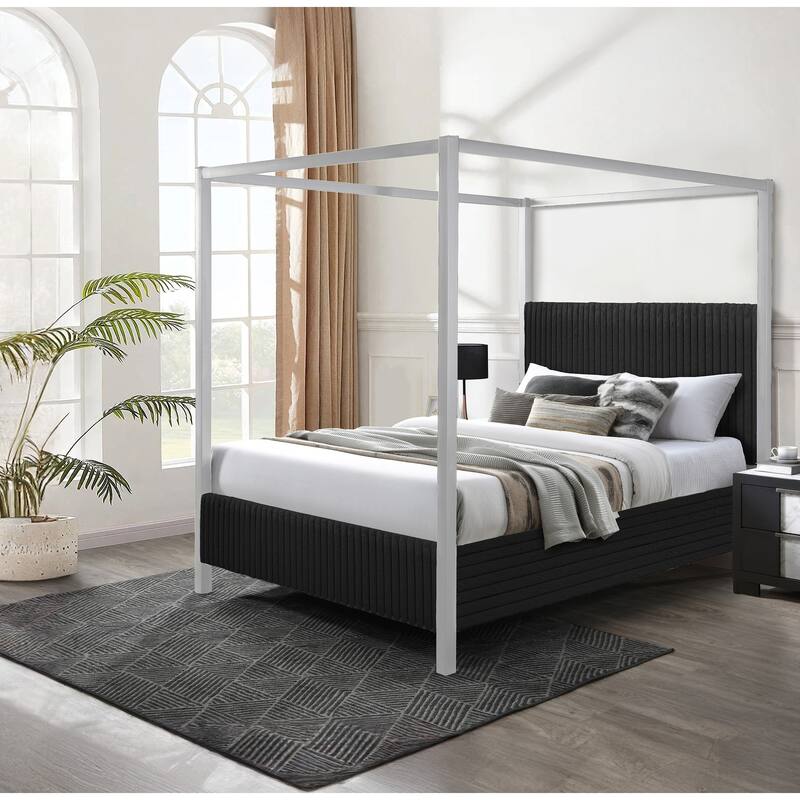 Modern Canopy Queen Bed with Upholstered Headboard and Vertical Channeling - Black