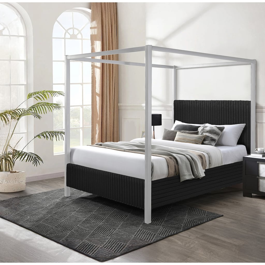 Modern Canopy Queen Bed with Upholstered Headboard and Vertical Channeling