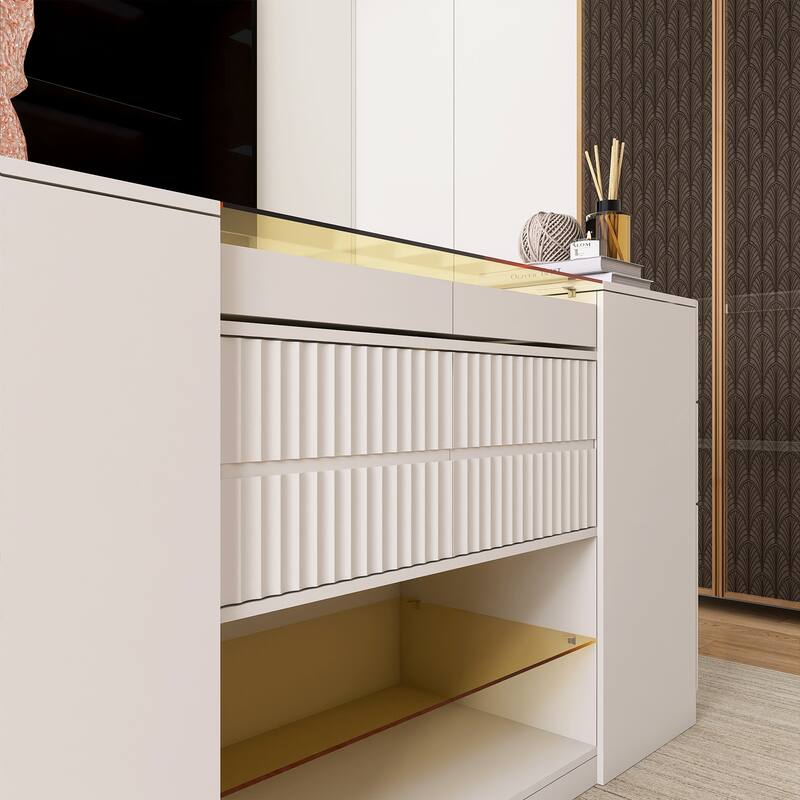 Cream White 6 drawer 60.40 in. Wide Dresser with Glass Tabletop
