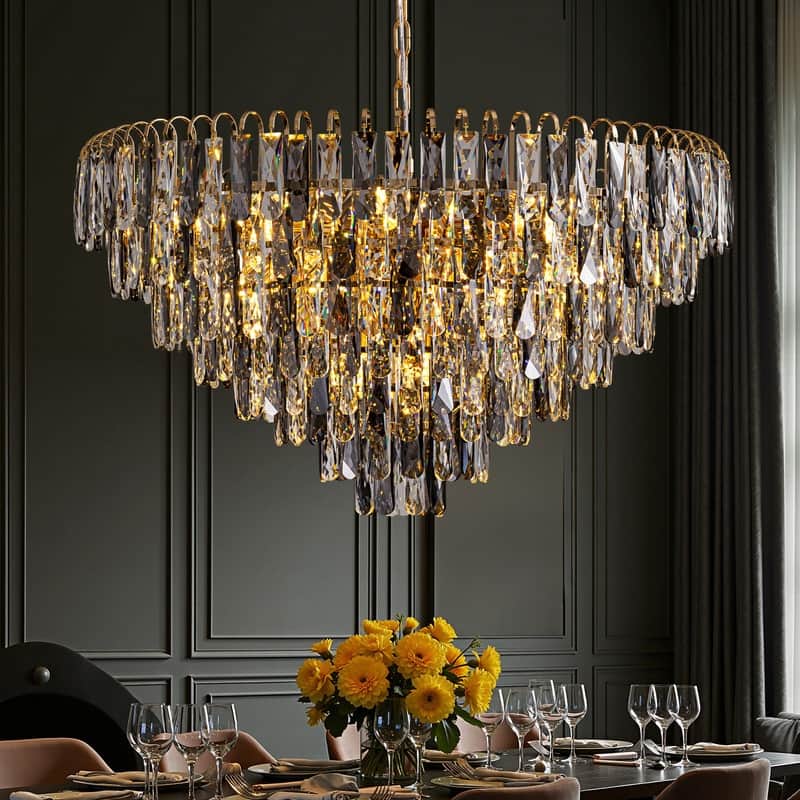 32" Grey Modern Crystal Chandelier Round Crystals Chandeliers 8-Tier Crystal Pendant Light 9-Light for Dining Room Living Room