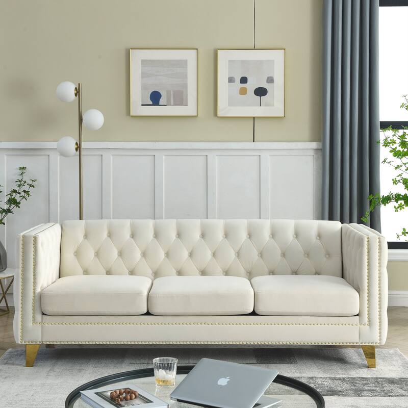 Velvet Chesterfield Sofa, Button Tufted Upholstered 3 Seater Couch, Deep Seat Couch with Nailhead Trim & 2 Throw Pillows