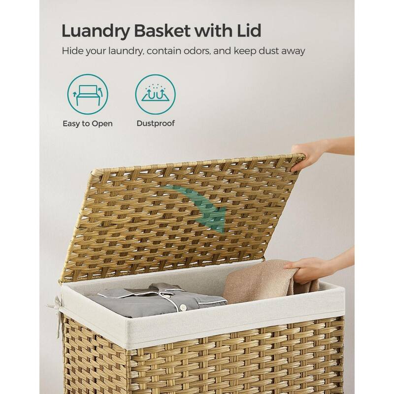 Portable Wicker Basket with Lid Waterproof Foldable Laundry Hamper with Washable Liner and Cut-Out Handles