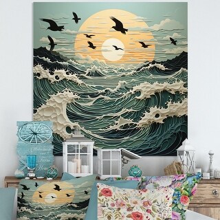 Designart "Beach Seagulls In Flight Over Sea" Animals Metal Wall Art ...