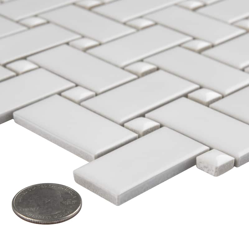 Merola Tile Metro Basketweave White w/ Glossy White Dot 11-3/4" x 11-3/4" Porcelain Mosaic Floor and Wall Tile