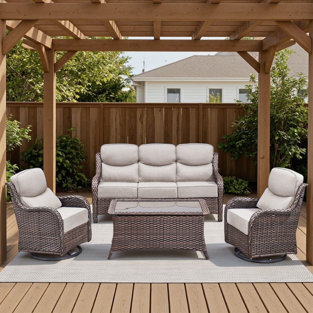Meyreso 4-Piece Wicker Outdoor Patio Conversation Set with Swivel Gliders and 6-Inch Thick Olefin Cushions