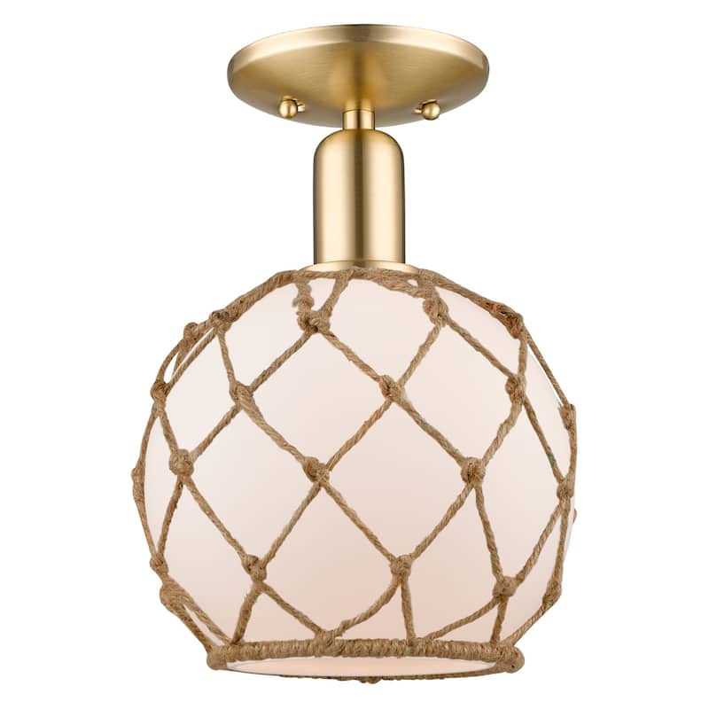 Innovations Lighting 716-1C-12-8 Farmhouse Rope Semi-Flush Farmhouse - Champagne Bronze / White Glass with Brown Rope