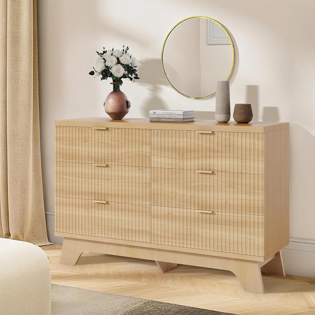 6 Drawer Fluted Dresser for Bedroom, Living Room, Hallway, Entryway