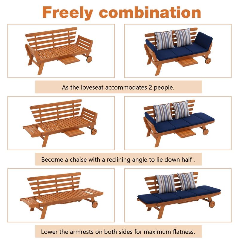 Outdoor Daybed Wooden Folding Lounge Chair with Front Tray and Wheels